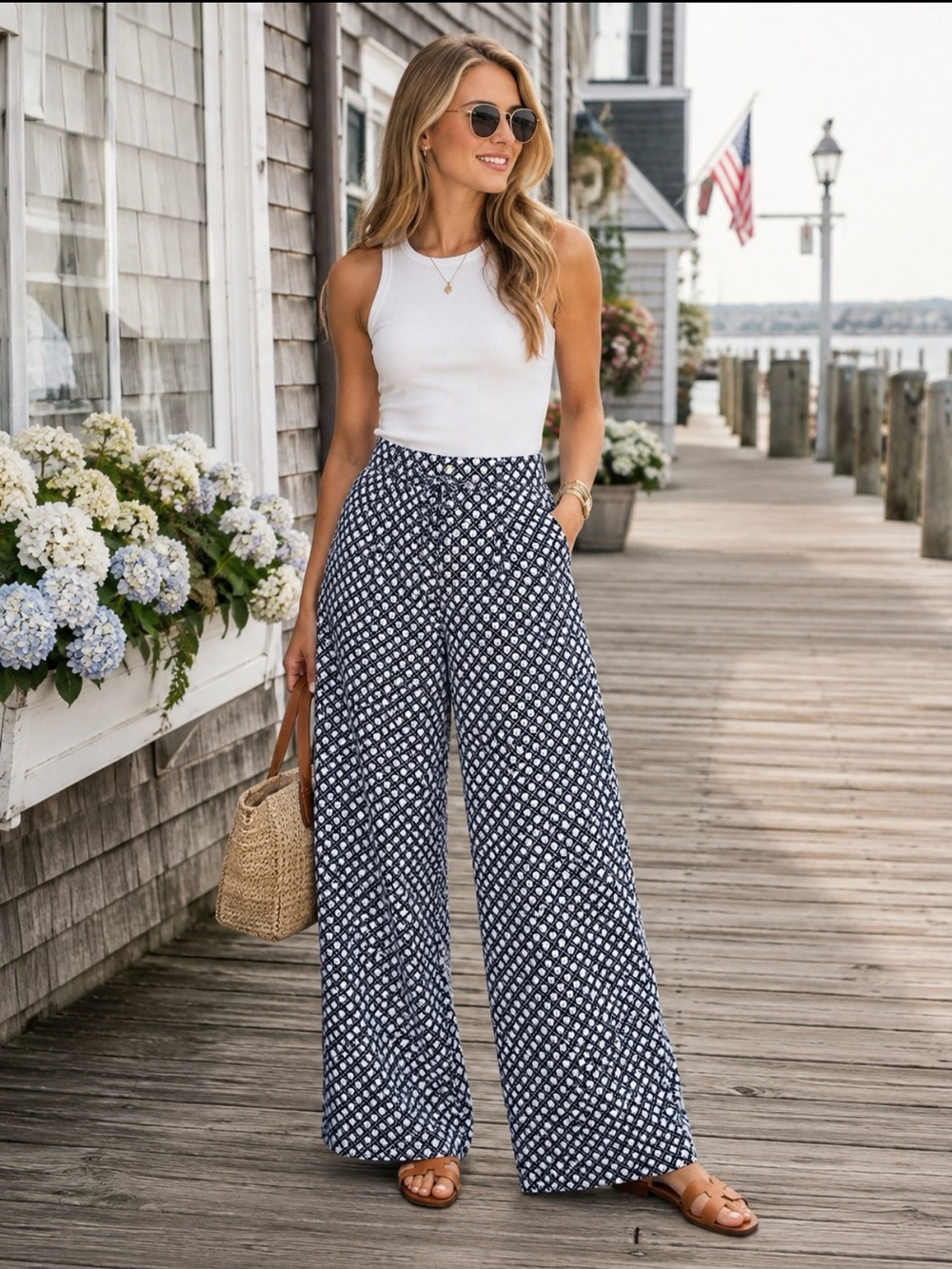 NWT Navy White Wide Leg Palazzo Pants Silk Blend High Rise Size 6